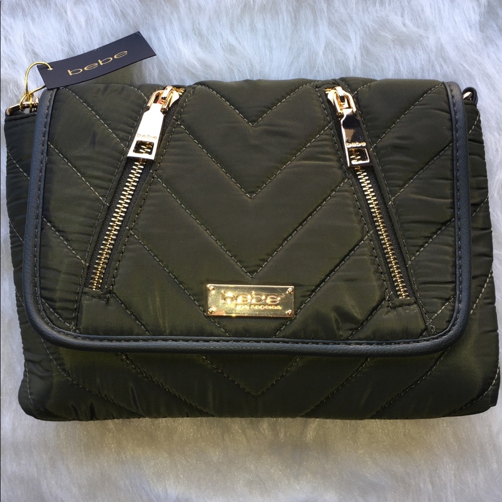 🌿BEBE NYLON CROSSBODY OLIVE GREEN PURSE GOLD COLOR HARDWARE NWT 🌸💎✨